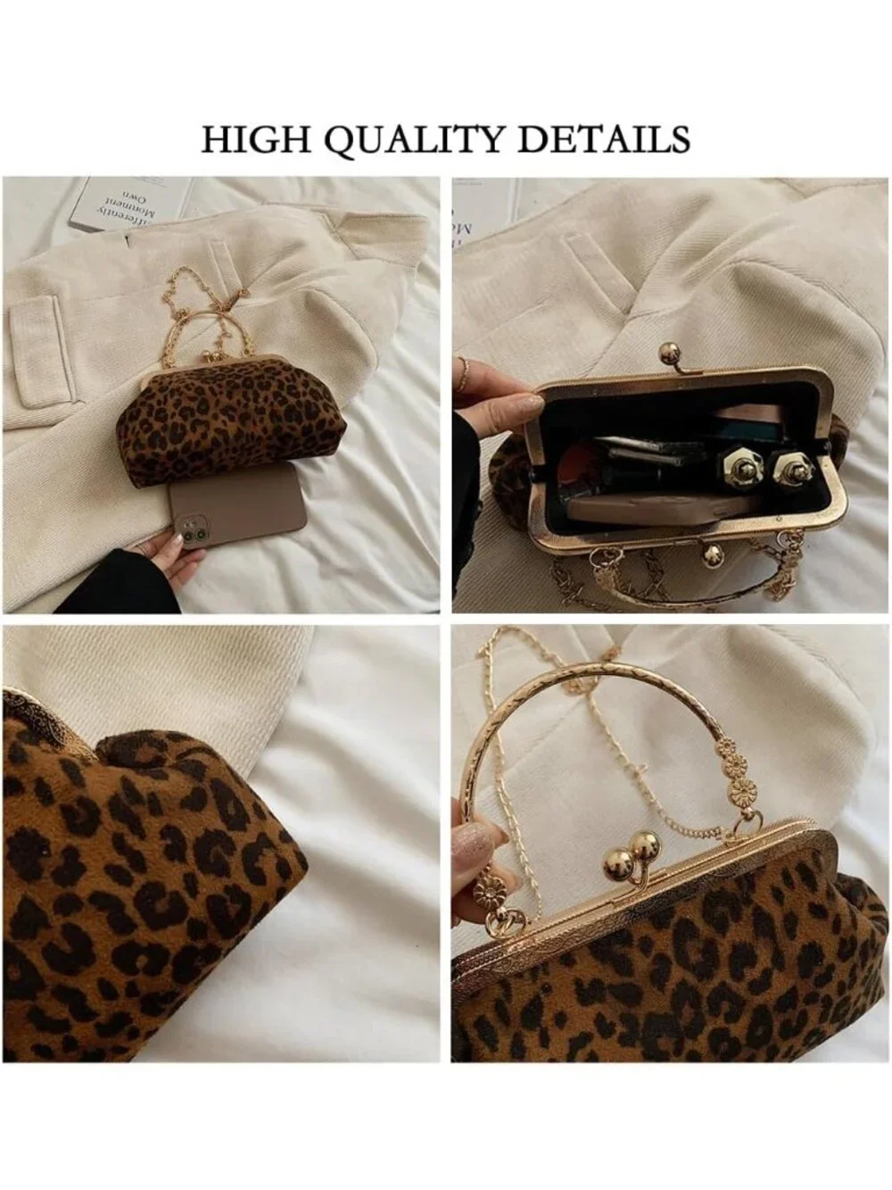 Faux Suede Kiss Lock Evening Clutch Purse with Chain Shoulder Strap